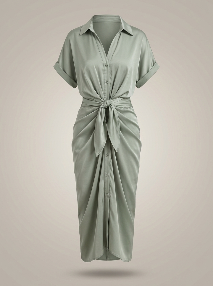 Chic Women's Midi Shirt Dress with Waist Tie and Button Closure