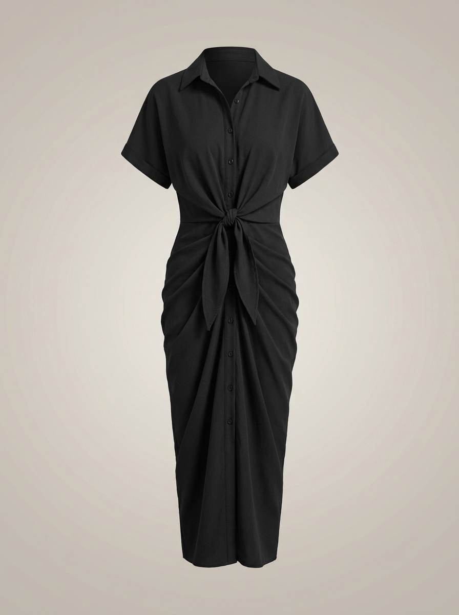 Chic Women's Midi Shirt Dress with Waist Tie and Button Closure