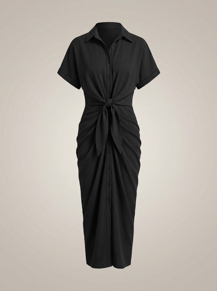 Chic Women's Midi Shirt Dress with Waist Tie and Button Closure
