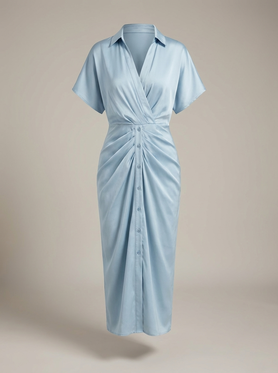 Chic Women's Midi Shirt Dress with Waist Tie and Button Closure
