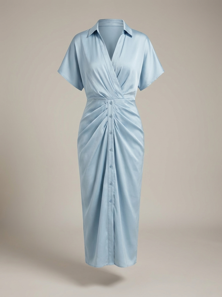 Chic Women's Midi Shirt Dress with Waist Tie and Button Closure