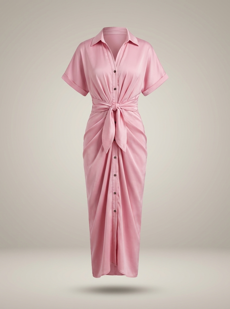 Chic Women's Midi Shirt Dress with Waist Tie and Button Closure