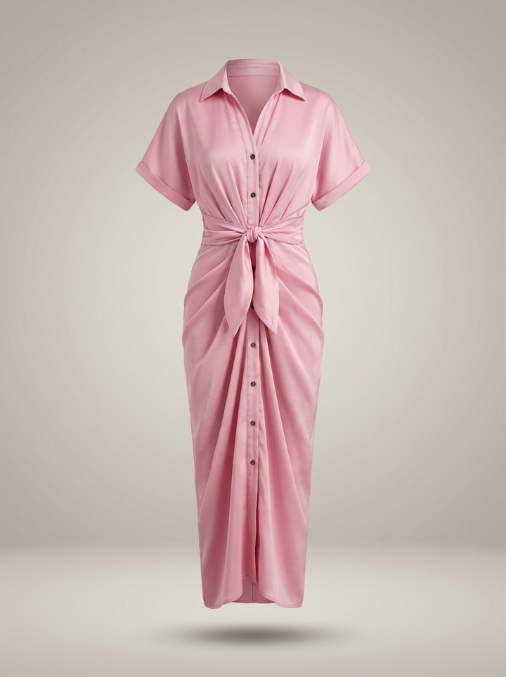 Chic Women's Midi Shirt Dress with Waist Tie and Button Closure