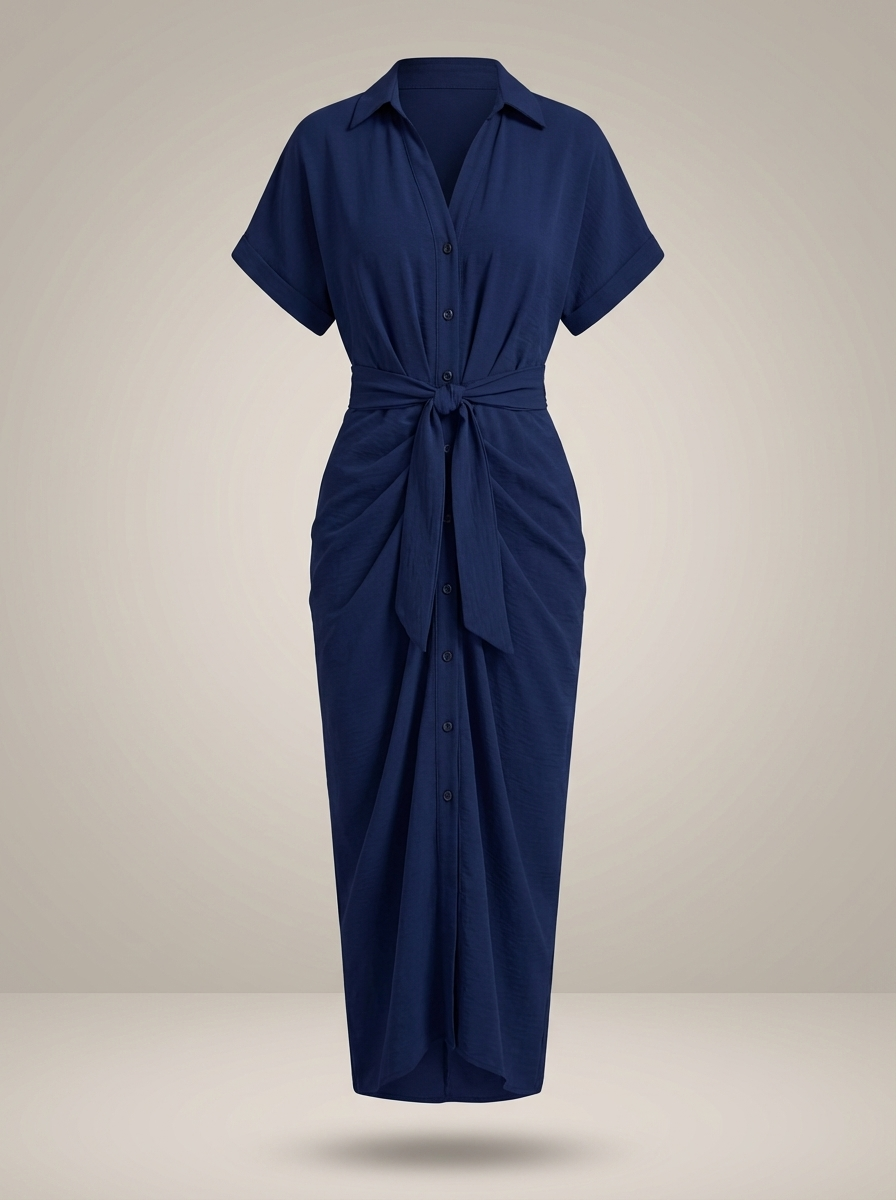 Chic Women's Midi Shirt Dress with Waist Tie and Button Closure