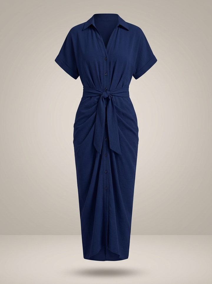 Chic Women's Midi Shirt Dress with Waist Tie and Button Closure