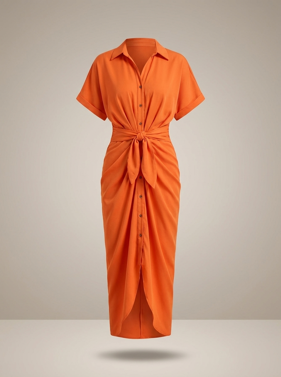 Chic Women's Midi Shirt Dress with Waist Tie and Button Closure