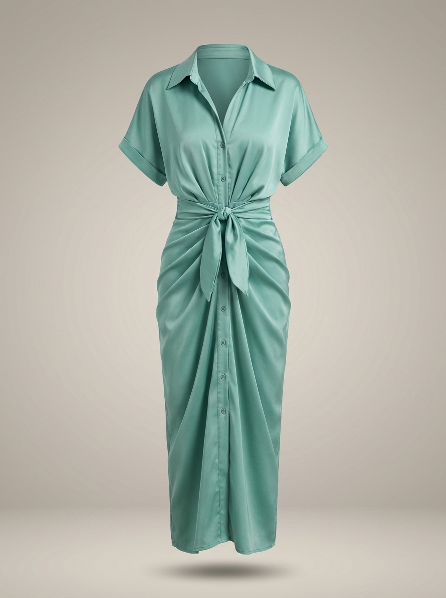 Chic Women's Midi Shirt Dress with Waist Tie and Button Closure