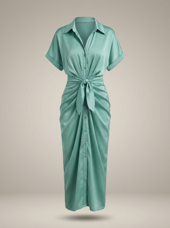 Chic Women's Midi Shirt Dress with Waist Tie and Button Closure