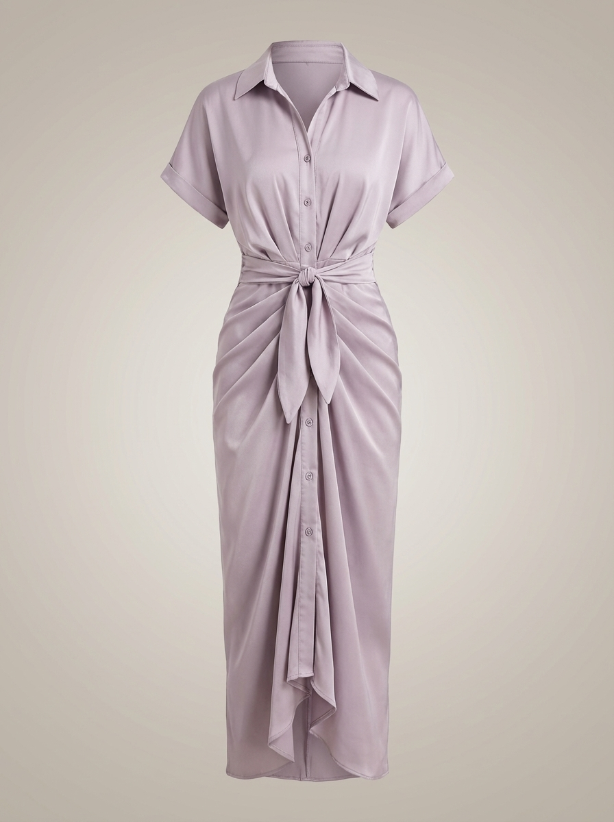 Chic Women's Midi Shirt Dress with Waist Tie and Button Closure