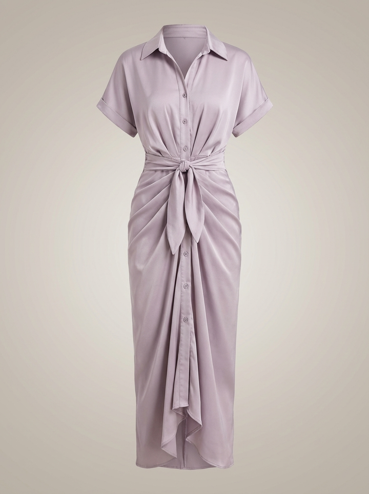 Chic Women's Midi Shirt Dress with Waist Tie and Button Closure