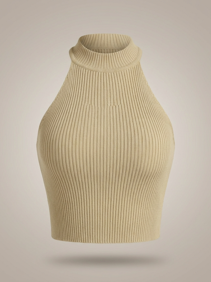 Stylish Women's Cropped Halter Top with High Neck and Ribbed Detail