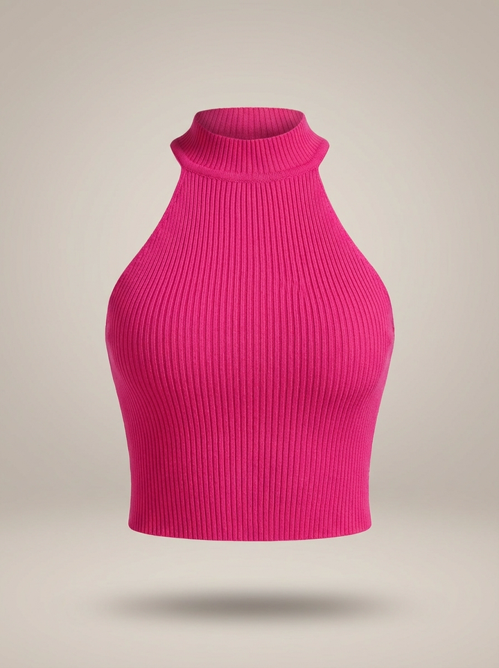 Stylish Women's Cropped Halter Top with High Neck and Ribbed Detail