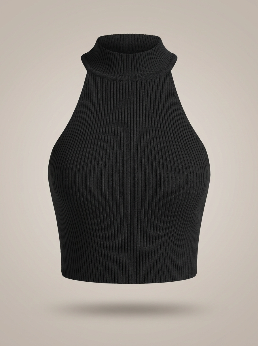Stylish Women's Cropped Halter Top with High Neck and Ribbed Detail