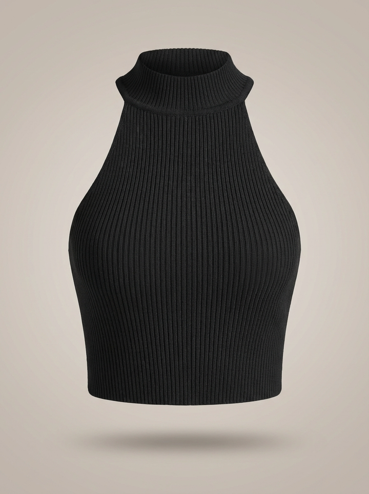 Stylish Women's Cropped Halter Top with High Neck and Ribbed Detail