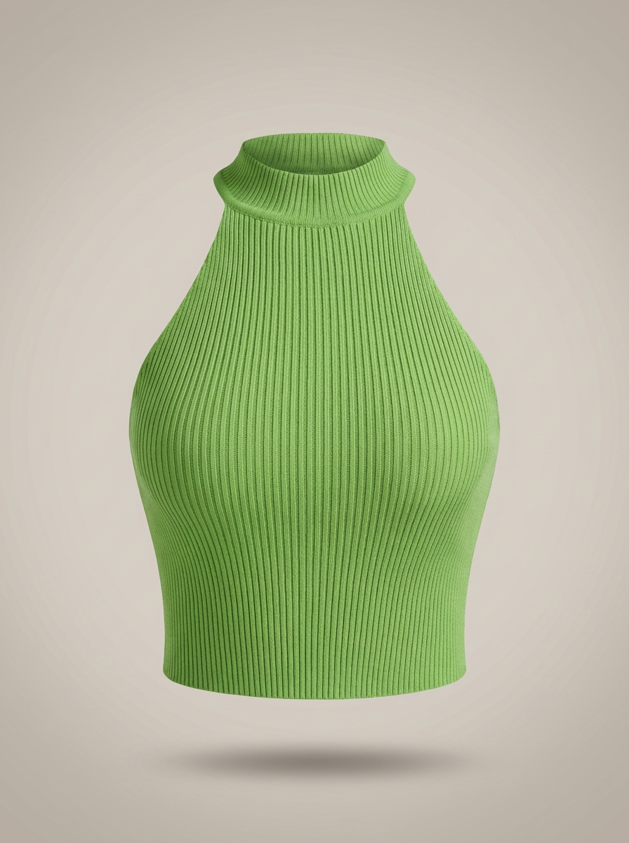 Stylish Women's Cropped Halter Top with High Neck and Ribbed Detail