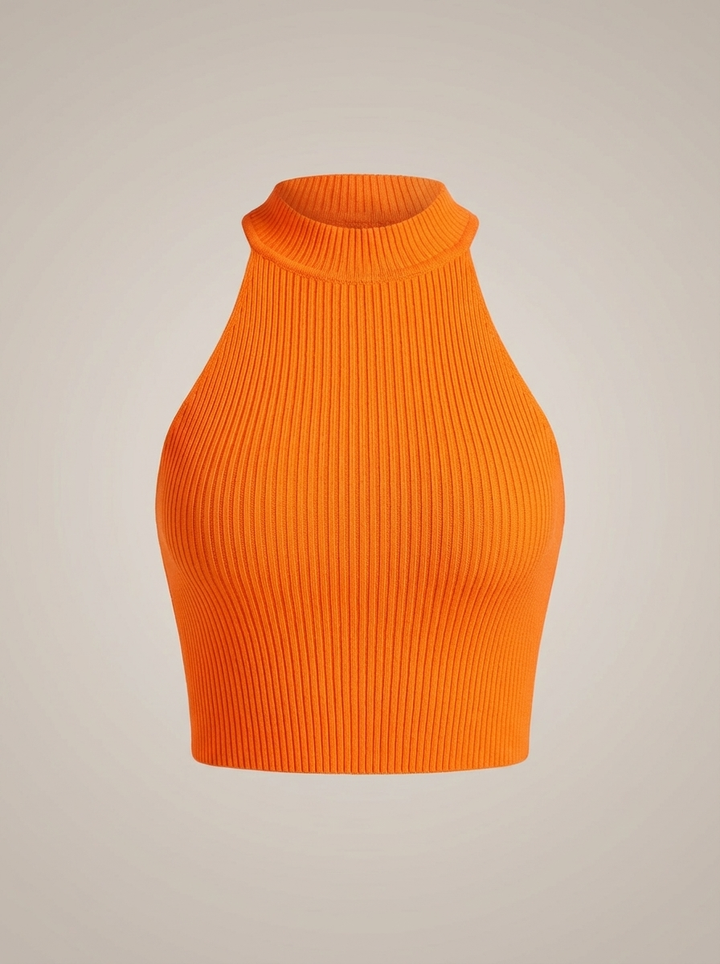 Stylish Women's Cropped Halter Top with High Neck and Ribbed Detail