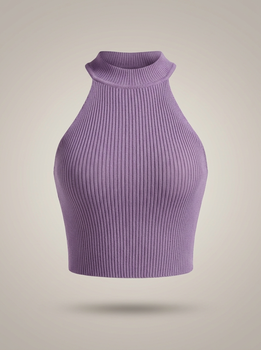 Stylish Women's Cropped Halter Top with High Neck and Ribbed Detail