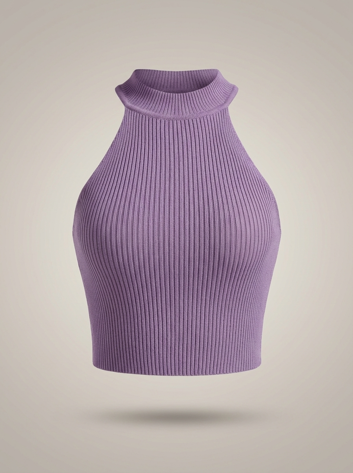 Stylish Women's Cropped Halter Top with High Neck and Ribbed Detail