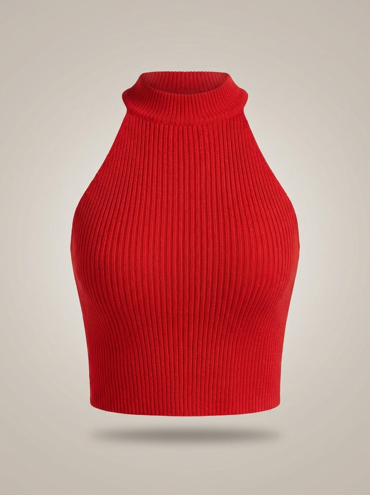 Stylish Women's Cropped Halter Top with High Neck and Ribbed Detail