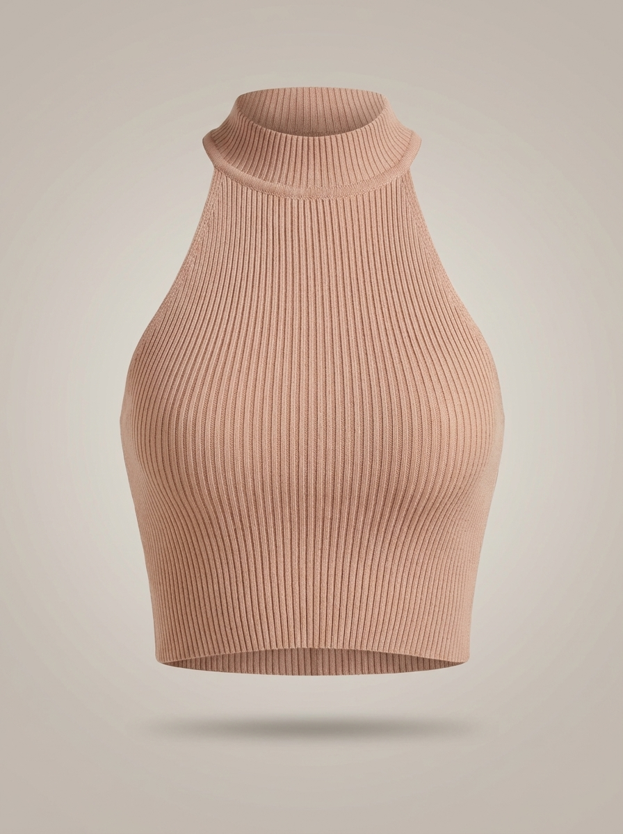 Stylish Women's Cropped Halter Top with High Neck and Ribbed Detail