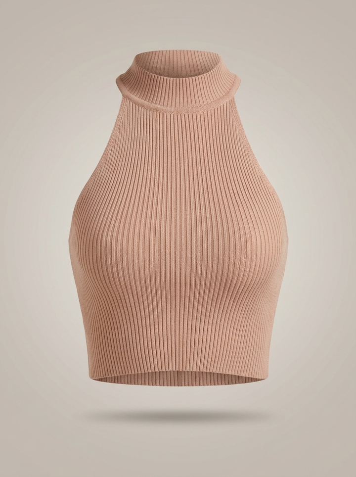 Stylish Women's Cropped Halter Top with High Neck and Ribbed Detail