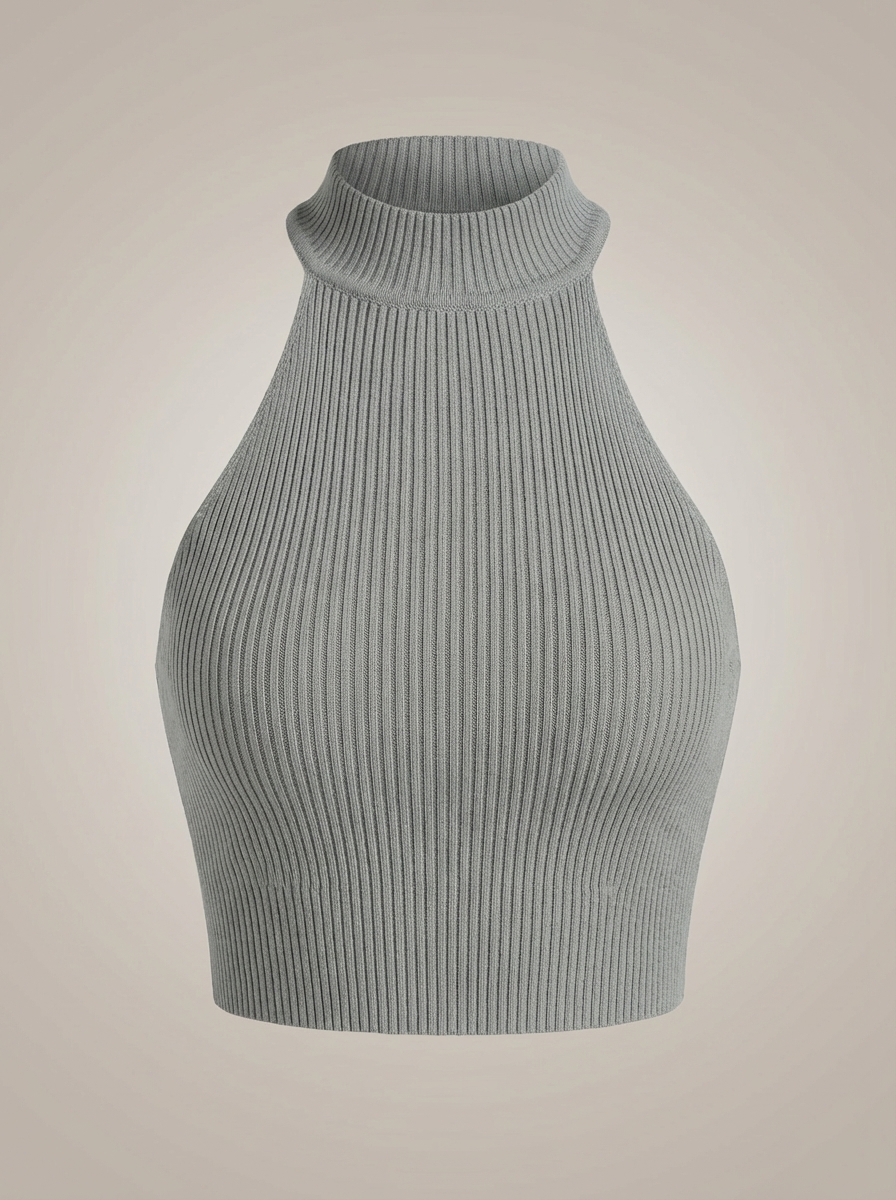 Stylish Women's Cropped Halter Top with High Neck and Ribbed Detail