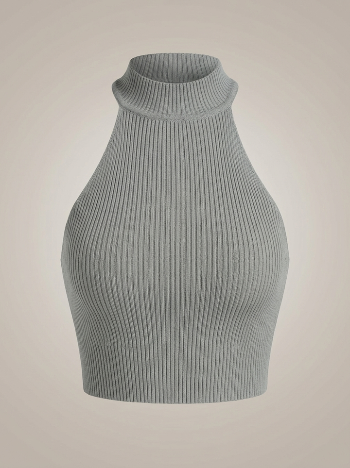 Stylish Women's Cropped Halter Top with High Neck and Ribbed Detail