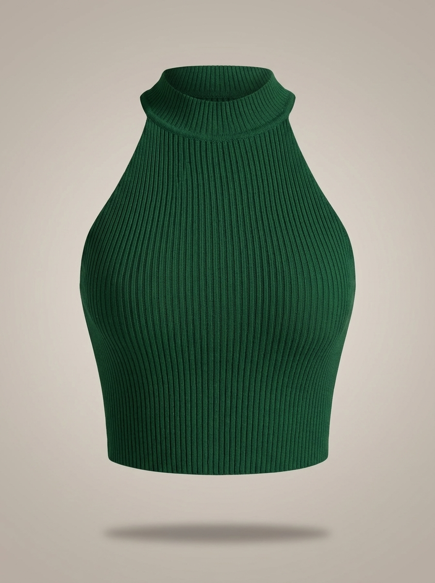 Stylish Women's Cropped Halter Top with High Neck and Ribbed Detail