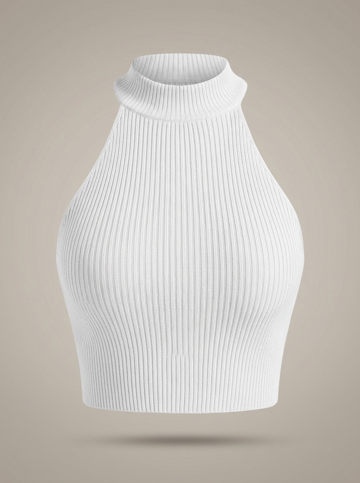 Stylish Women's Cropped Halter Top with High Neck and Ribbed Detail