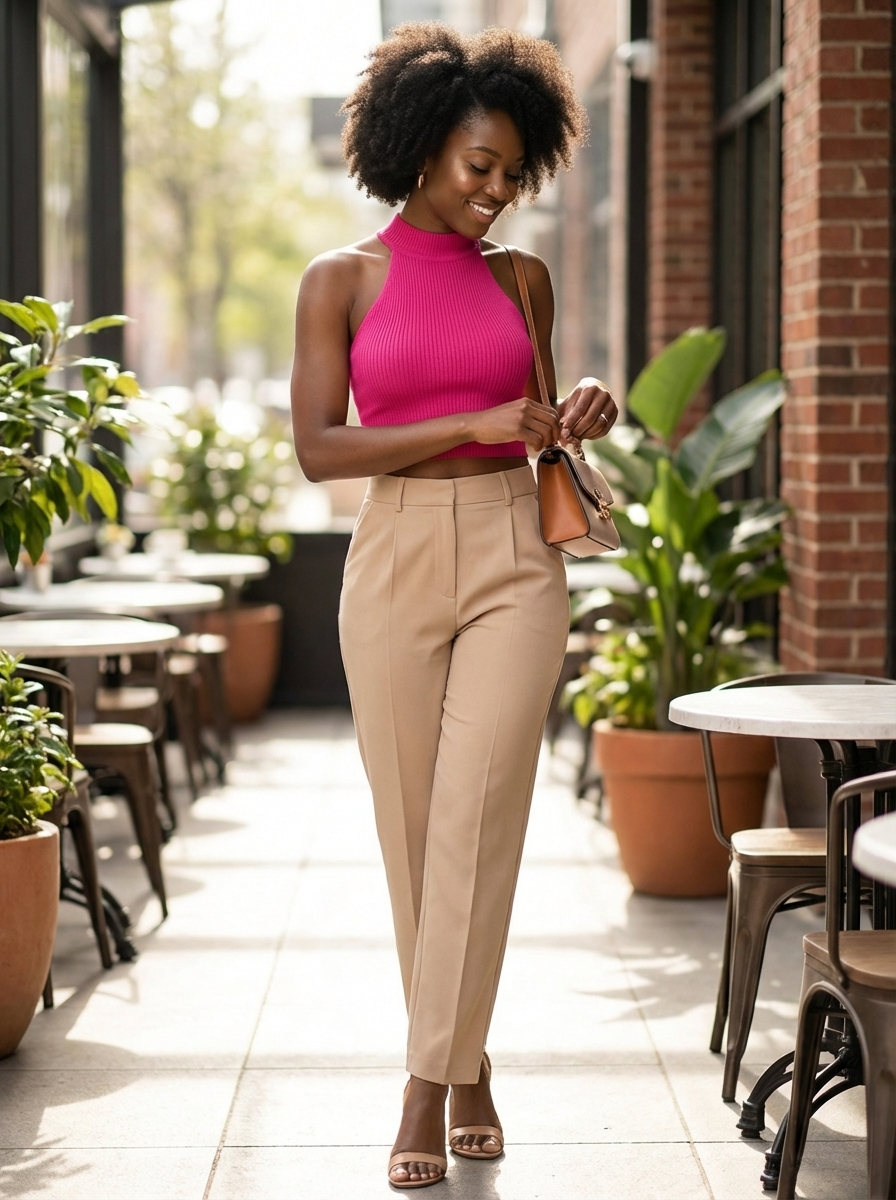Stylish Women's Cropped Halter Top with High Neck and Ribbed Detail