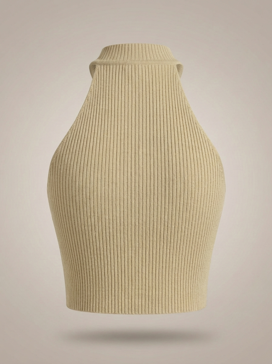 Stylish Women's Cropped Halter Top with High Neck and Ribbed Detail