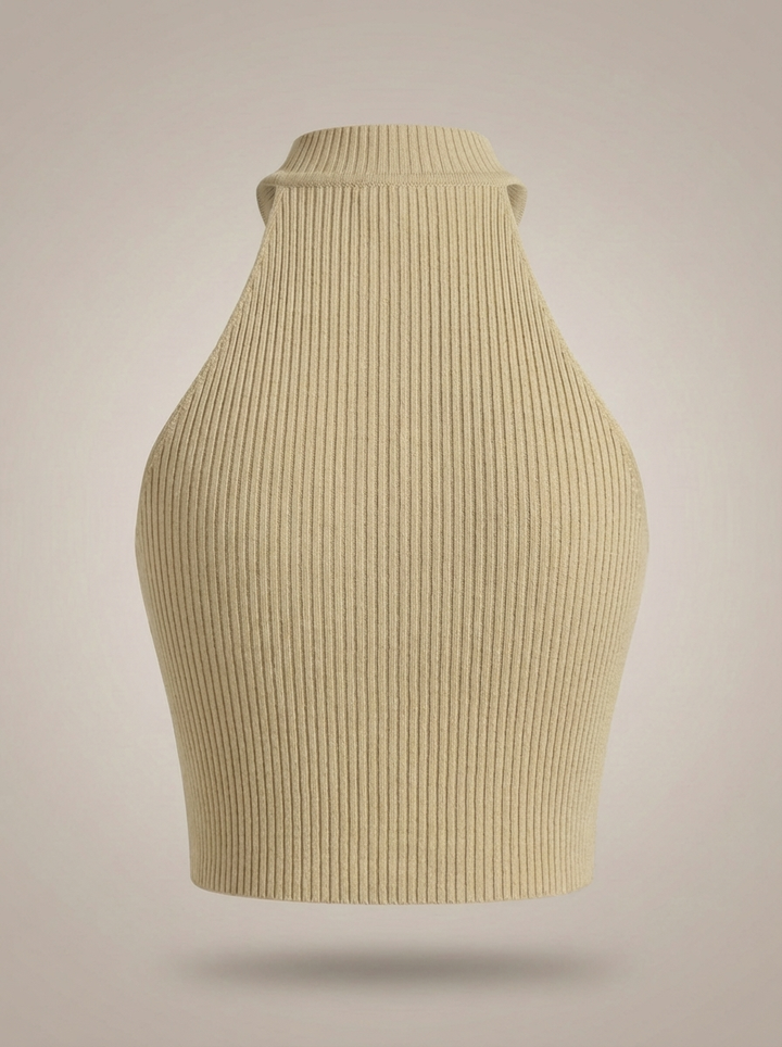 Stylish Women's Cropped Halter Top with High Neck and Ribbed Detail