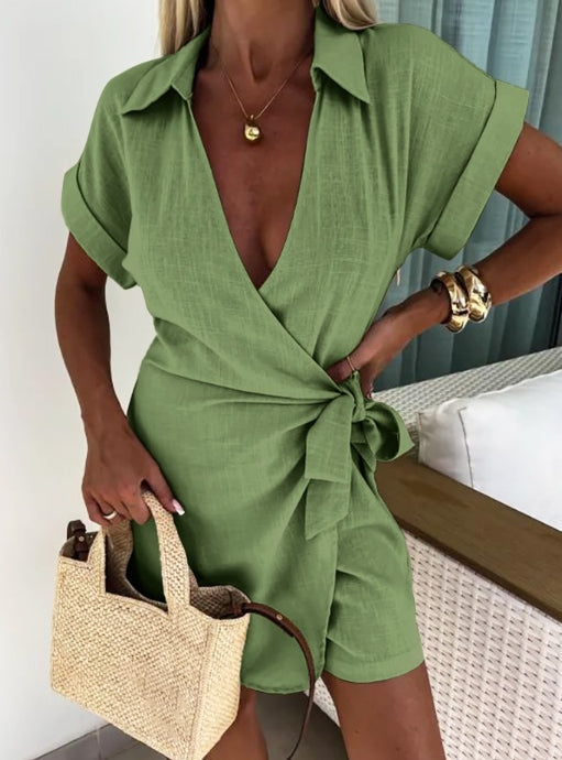 Summer Women’s Playsuit with Wrap Closure and Short Sleeves