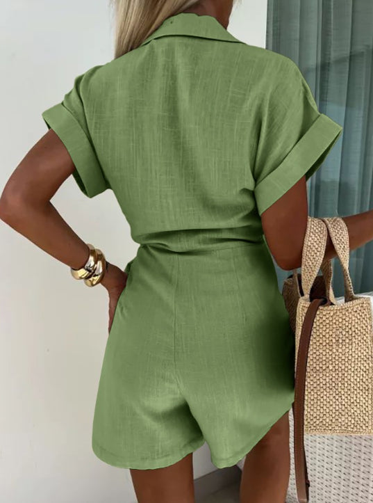 Summer Women’s Playsuit with Wrap Closure and Short Sleeves