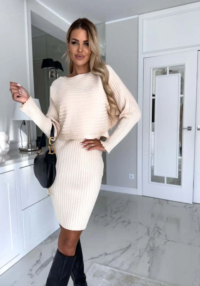 Elegant Ribbed Mini Dress Set with Soft Sweater Top