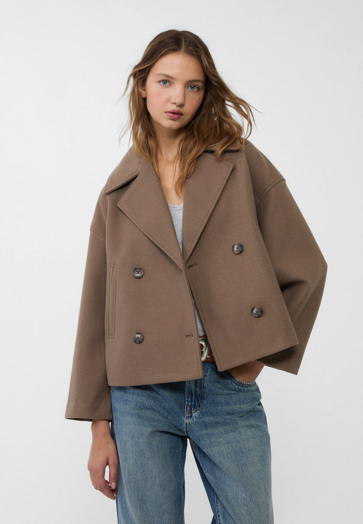 Short Women's Peacoat Jacket with Oversized Look