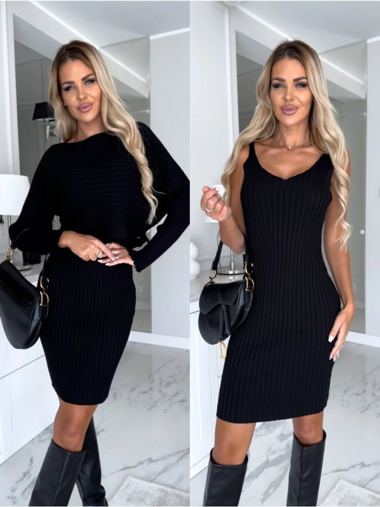 Elegant Ribbed Mini Dress Set with Soft Sweater Top