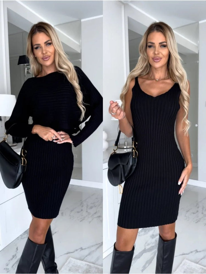 Elegant Ribbed Mini Dress Set with Soft Sweater Top