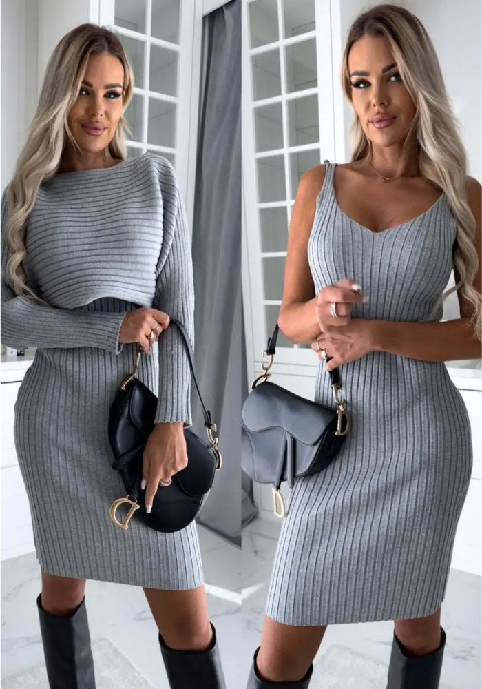 Elegant Ribbed Mini Dress Set with Soft Sweater Top
