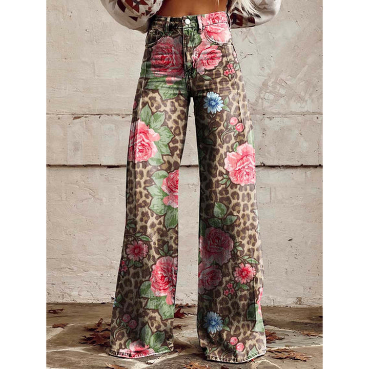 Trendy Women's Wide Jeans with Floral Print and High Waist