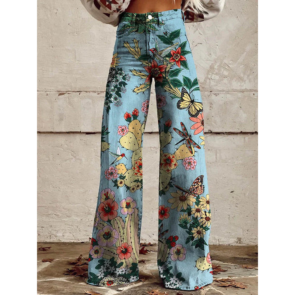 Trendy Women's Wide Jeans with Floral Print and High Waist