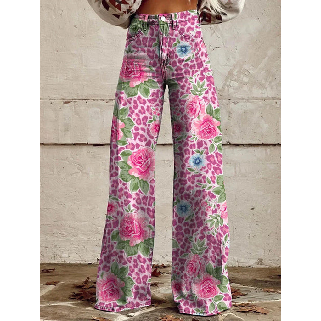 Trendy Women's Wide Jeans with Floral Print and High Waist