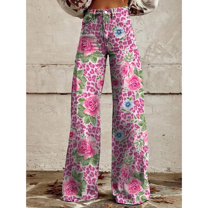 Trendy Women's Wide Jeans with Floral Print and High Waist