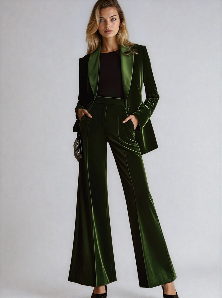 Velvet Green Elegant Women's Suit Blazer & Wide Pants