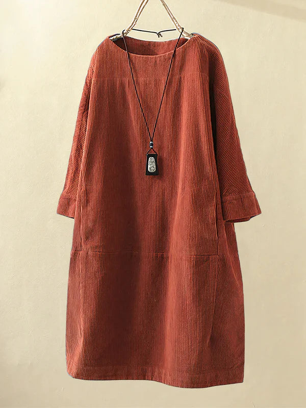 Airy Corduroy Midi Dress with Loose Fit for Women