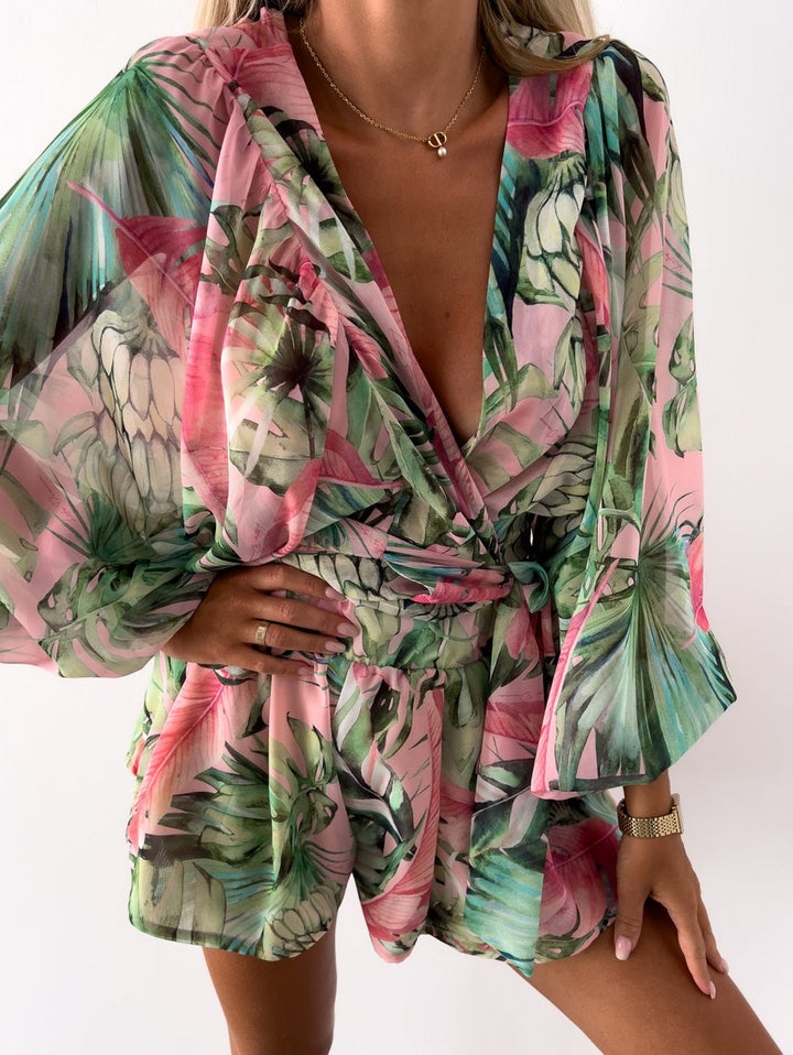 Irene | Chiffon Playsuit with Tropical Print
