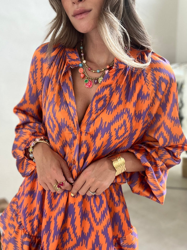Summery Orange Women's Playsuit with Long Sleeves and Ruffles