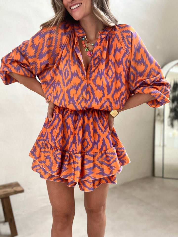 Summery Orange Women's Playsuit with Long Sleeves and Ruffles