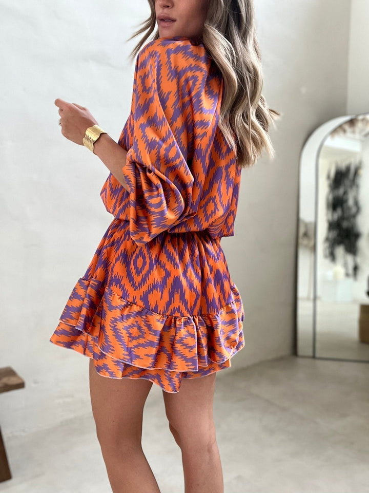 Summery Orange Women's Playsuit with Long Sleeves and Ruffles