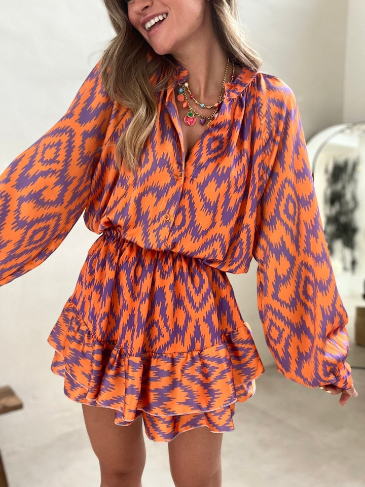Summery Orange Women's Playsuit with Long Sleeves and Ruffles